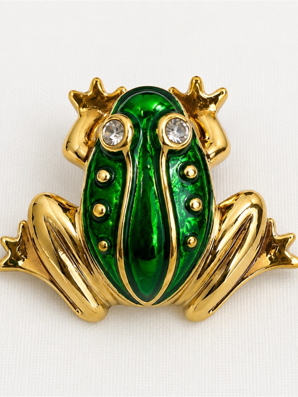 Avon Vintage Green Enamel Frog Brooch Gold Tone Rhinestone Eyes